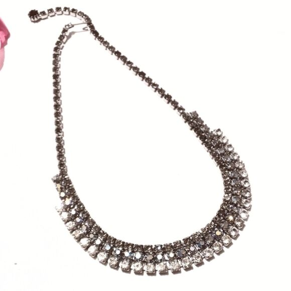 Vintage Silver Tone Multi Color Rhinestone Three Row Choker Necklace - Picture 2 of 5